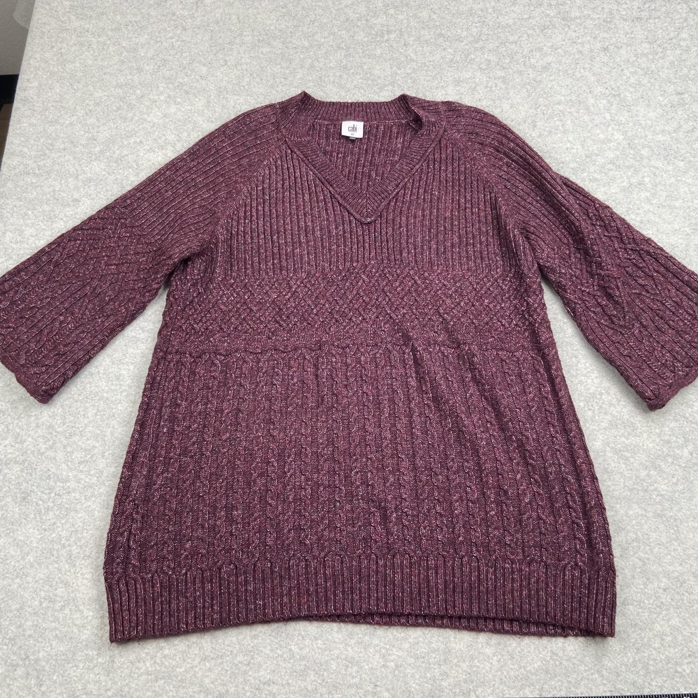 Cabi Sweater Womens XL Maroon Cable Knit V Neck Tunic Raglan 3/4 Sleeve Pullover